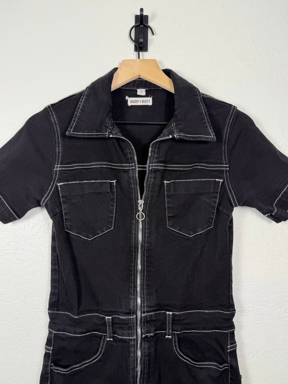 WARP+WEFT Black Contrast Stitch Denim Short Sleeve Jumpsuit XS